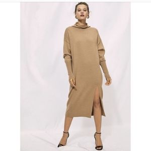 Aritzia WILFRED Cyprie Camel Merino Wool Knit Mock Neck Sweater Dress, Size S